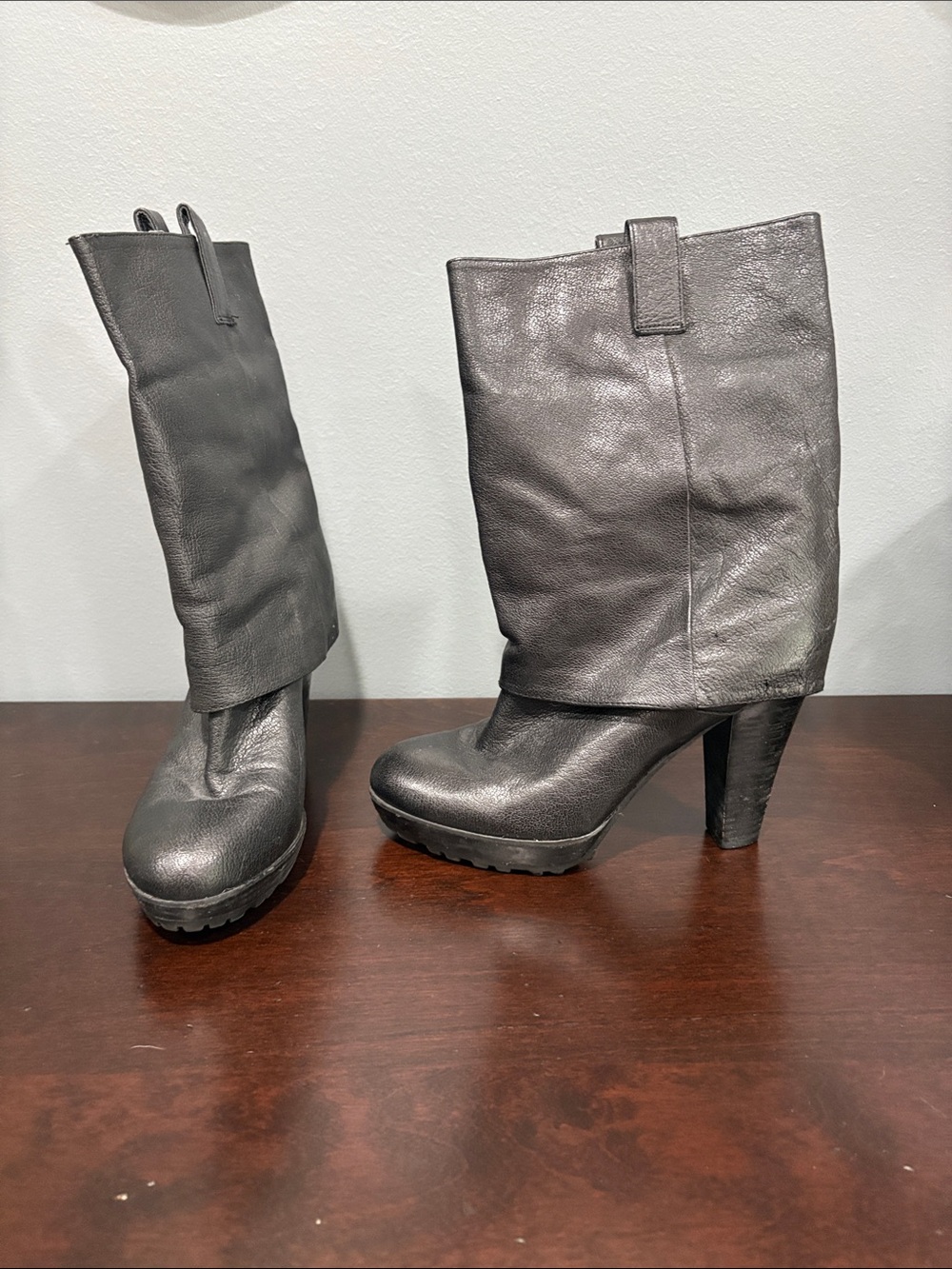 Nine West Black Leather Platform Mid-Calf Heeled Boots